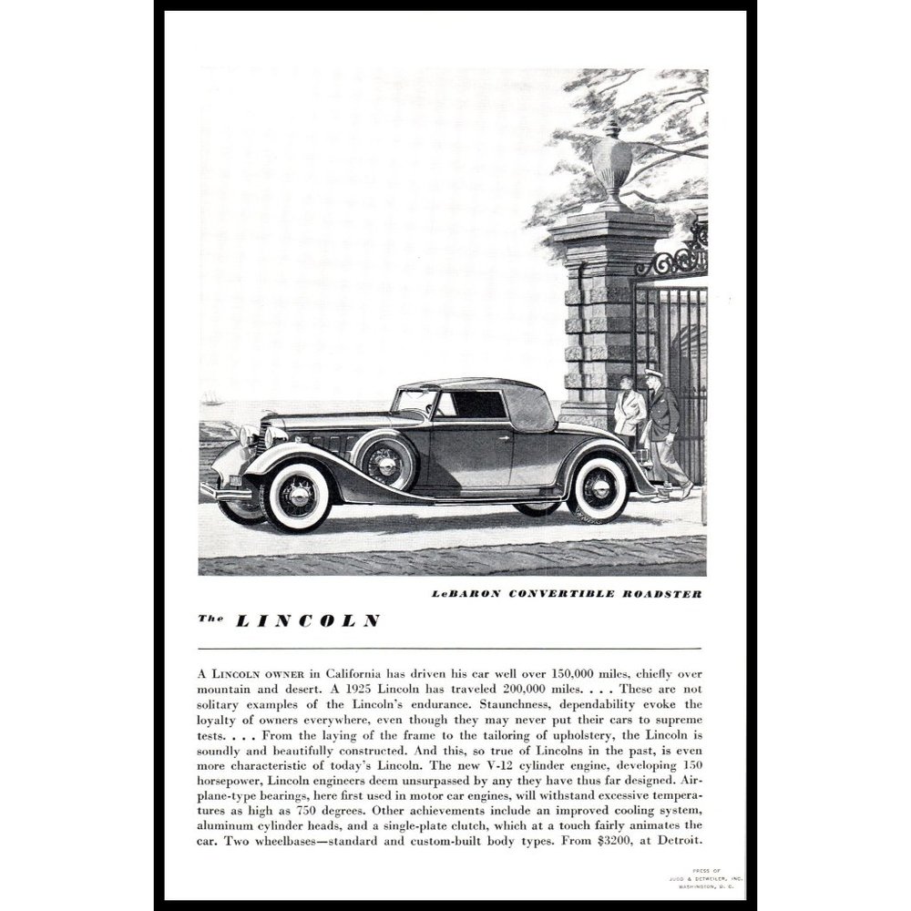 1934 Lincoln LeBaron Convertible Roadster Vintage Print Ad Park Gate Wall Art